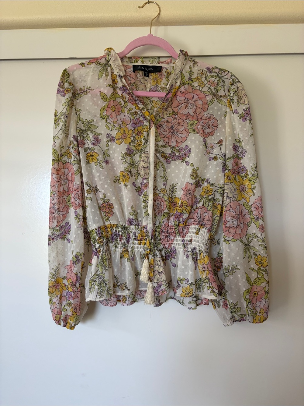 Floral Tie-Neck Smocked Waist Blouse - Pink & Yellow
